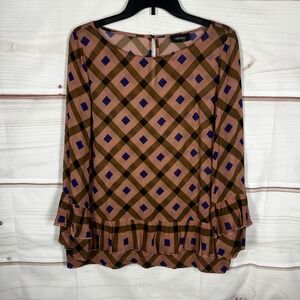 ottod'Ame Ruffle Hem Blouse Womens 6 Brown Geometric Long Sleeve Peplum Top